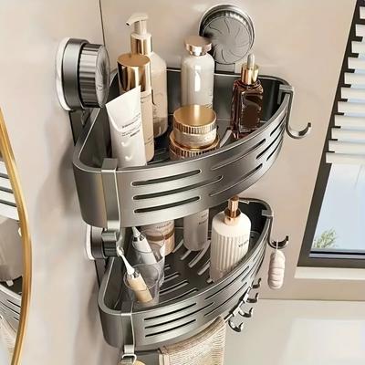 Bathroom Corner Shelf with Plastic Hook Towel Bar No Drill Space Aluminum Shower Storage Rack Bathroom Organizer