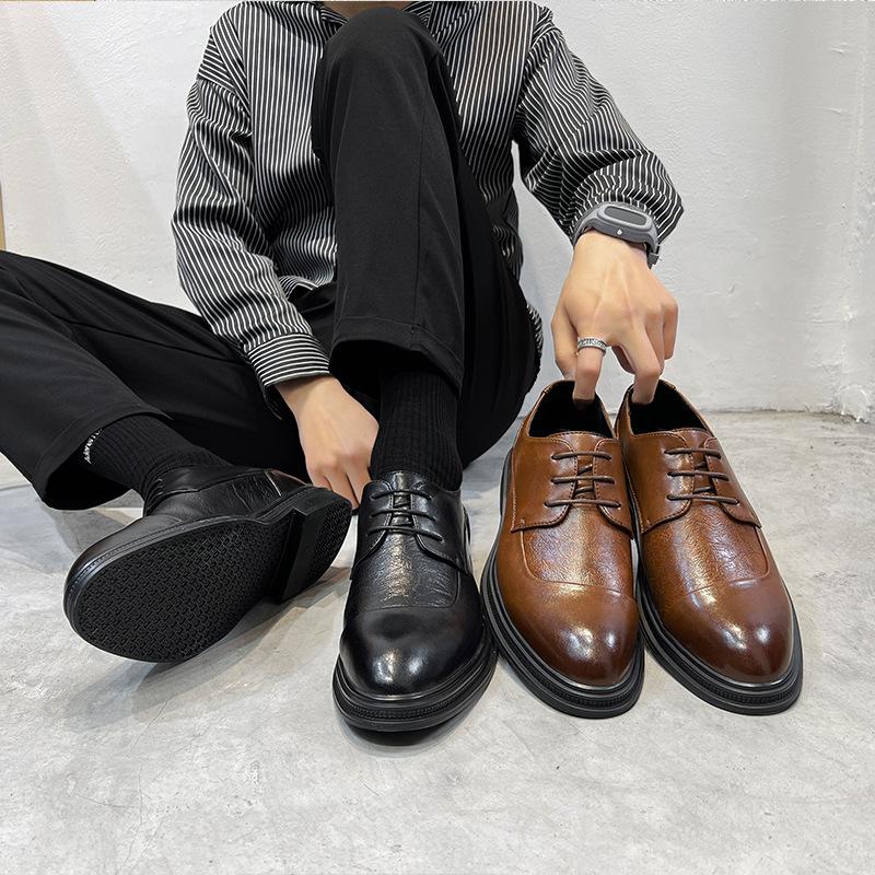 Casual Leather Shoes Men'S British Pointed Head Business Dress Work Shoes Groom Wedding Hairstylist Black Leather Shoes 19936