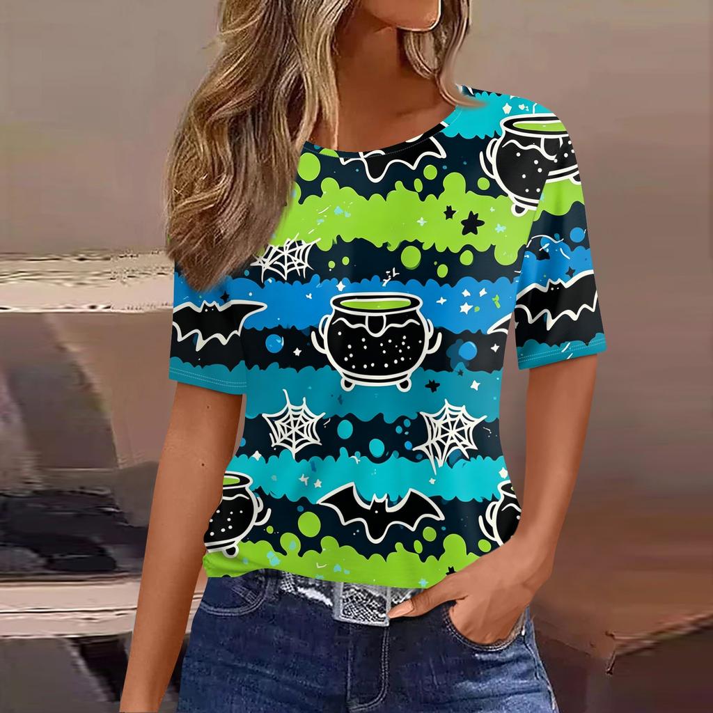 Women's Casual Short Sleeve Halloween Pullover Top with Bat and Pumpkin Print Round Neck Relaxed Fit Shirt for Fall Season