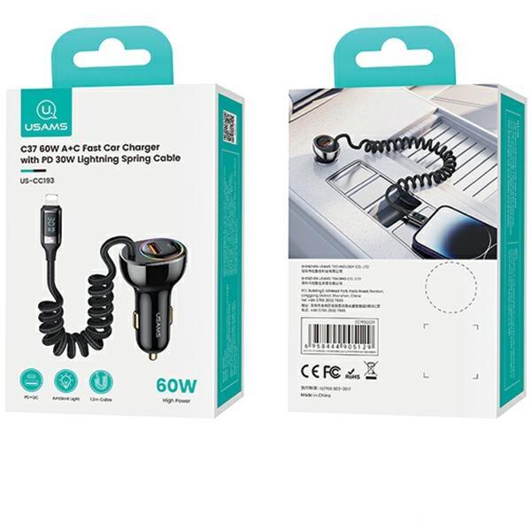 USAMS Land. Alone. C37 1Xusb+1Xusb-C 60W +Kabel Ligtning 30W Pd+Qc Szybkie Ładowanie Czarny/Black Cc193Cc01 (Us-Cc193)