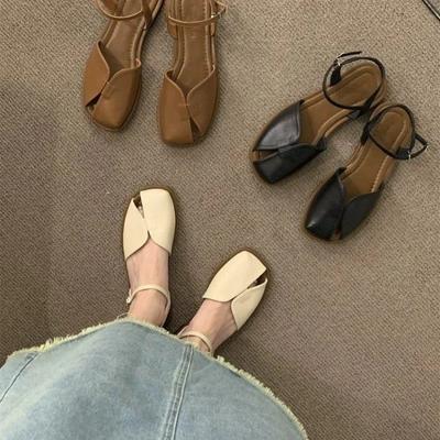 New Women's Sandals Open Toe Casual Shoes Women's Soft Leather Breathable Flat Shoes Solid Color Sandals