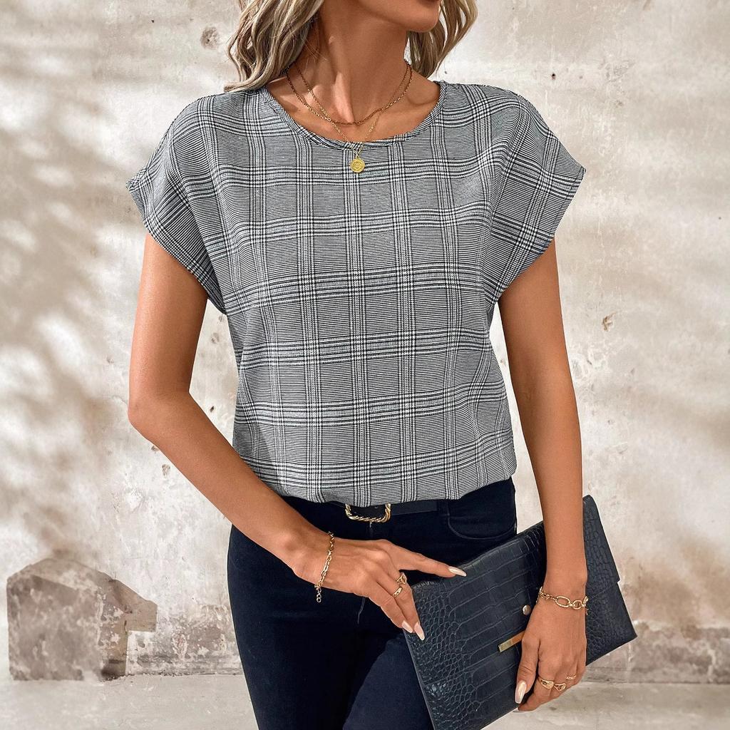 Summer Round Neck 3D Plaid Pattern Print Top Fashionable Casual Short Sleeved Women's T-shirts