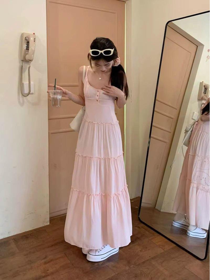 

Женское розовое весеннее платье на подтяжках: Отделка ушек Sweet Wood, узкая талия, А-силуэт, непринужденный стиль Small