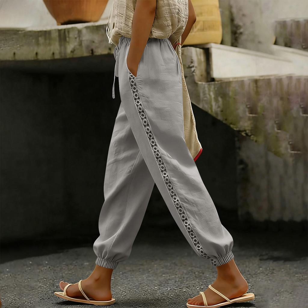Women's Fashion Color Elastic Waist Drawstring Pocket Side Lace Small Legs Loose Casual Pants
