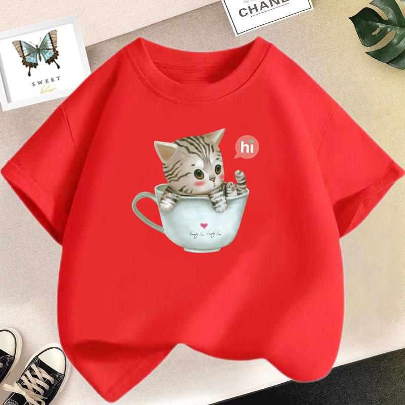 Cotton 100%  Cat Girls T Shirt Clothes Girls Animal Children T-Shirt Kids Summer Cat Lively Cute Funny Baby T Shirts Tops 2023