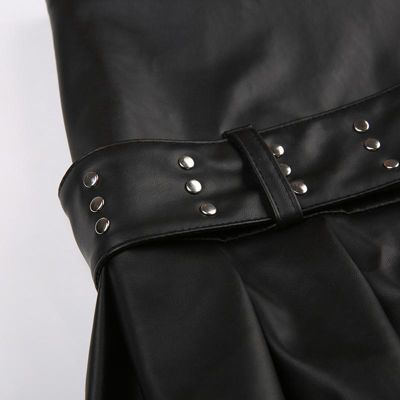 Women's Spice Girls Studded Belt Split Fashion Street Sexy Low Waist A-Line Leather Pleated Skirt