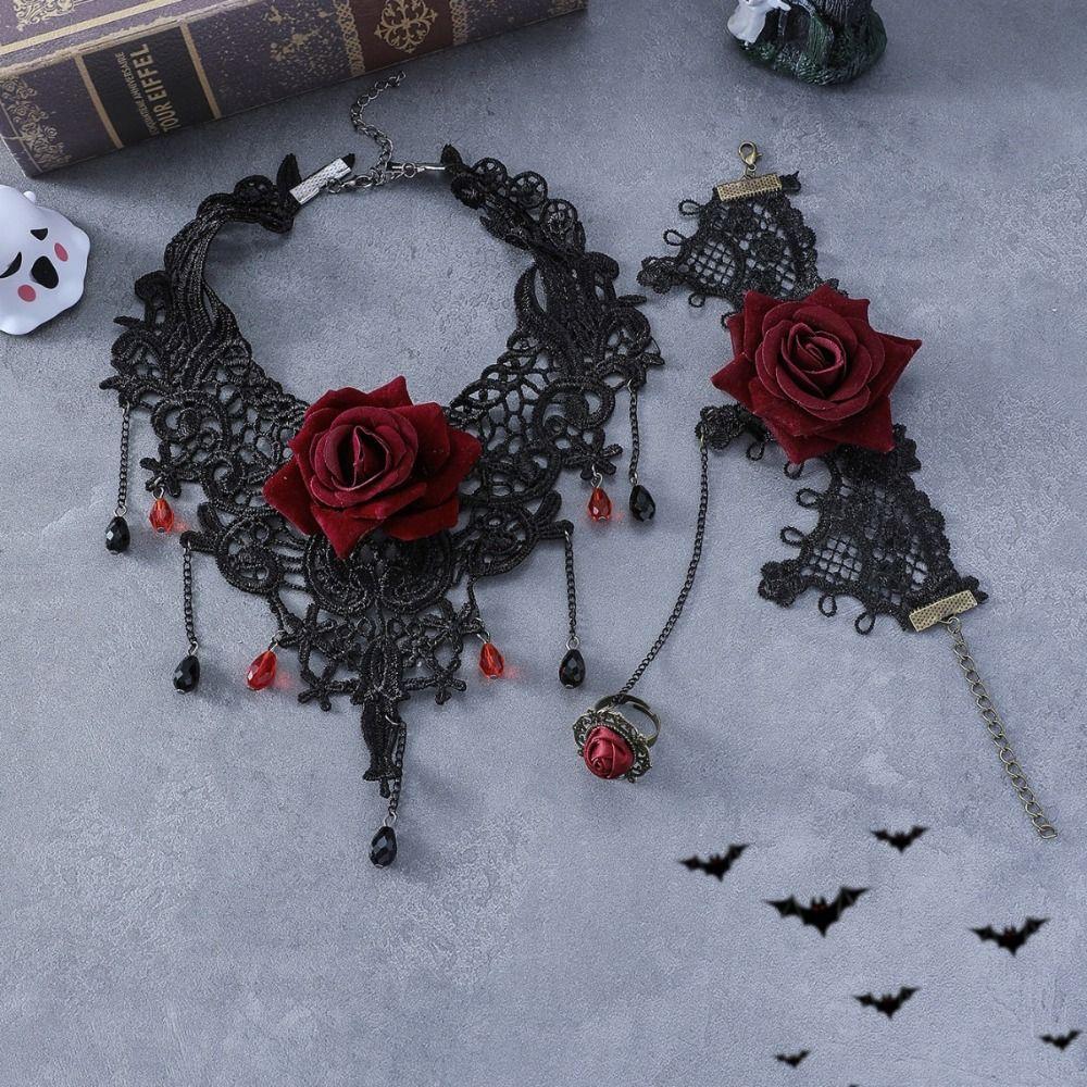 Exaggerated Halloween Necklace Bracelet Gothic Earrings Tassel Lace Flower Jewelry Set  Festival