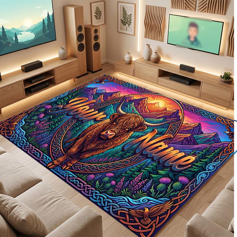Highland Cow Theme Soft Crystal Velvet Rug Custom Name & Text Print Non Slip Floor Rug for Bedroom Living Room