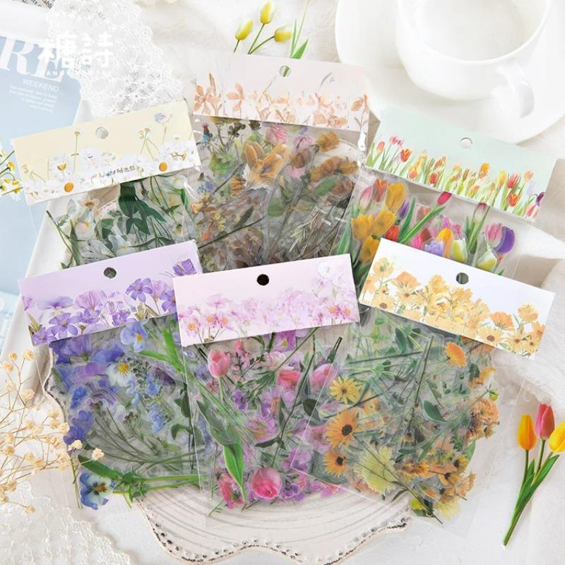 Flowers Sticker Pack 40pcs Fresh Flower Plant Transparent Waterproof Daisy Hand Account Decoration Scrapbooking Material