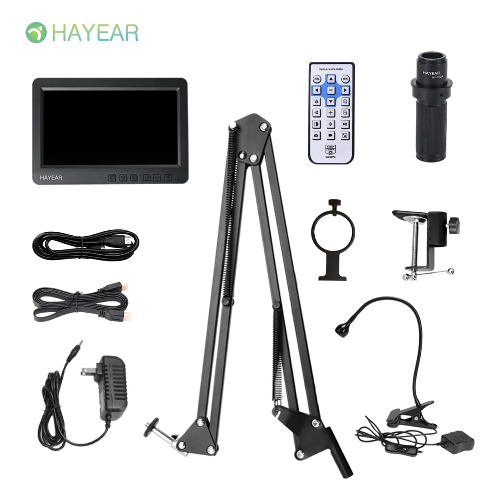 HAYEAR 26MP 7-inch Screen Digital Microscope Camera Set with Microphone Arm Stand and 150x Lens for Education, Scientific Research, Laboratories,