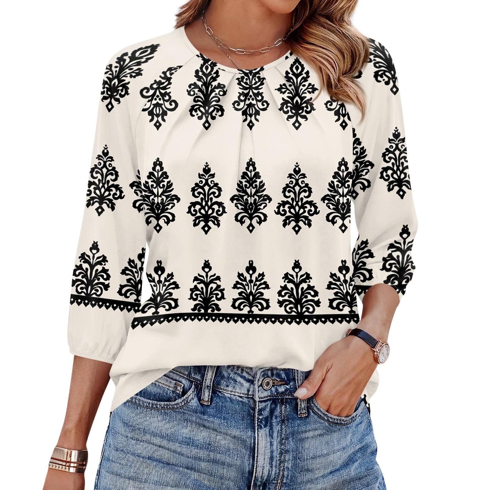 Women s Round Neck 3/4 Sleeve Floral Print Gathered T-Shirt Top L