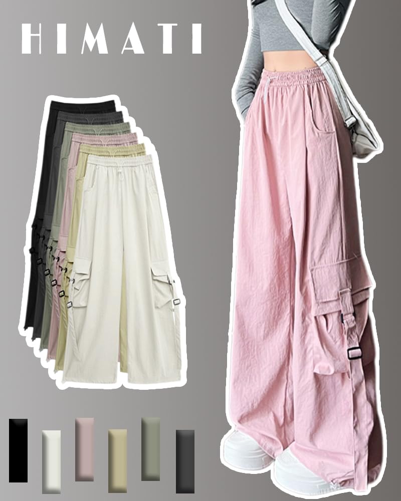 HIMATI Cargo Long Wide Leg Cargo Pants with Loose Hip Hop Stylish Bottoms Pink Large Women's Pants, Pants, Pockets, Fit, Dance, - -