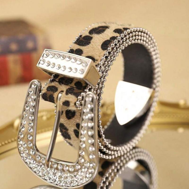 Women  Solid /Leopard Print Studded  Belt Pu Leather Bling  Adjustable Glitter Waistband For Club Party