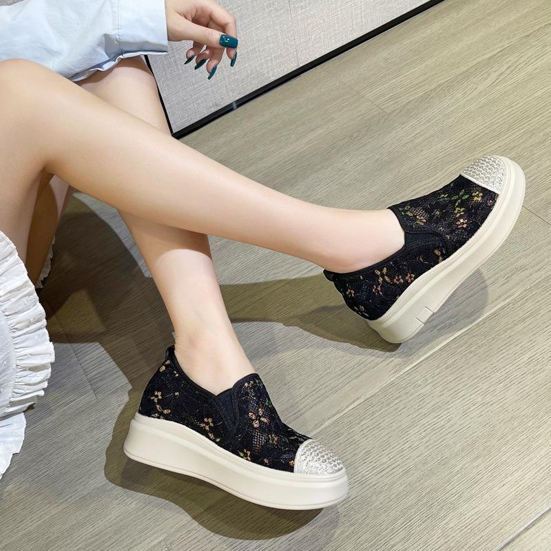 Breathable inside, women's shoes, lace fabric, new cut-out fisherman's shoes, platform muffin, wedge heel, light women