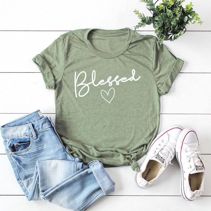 Blessed Letter Cotton T-Shirt Short Sleeve Round Neck Women 2d Print Tops