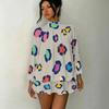Women's 3D Neon Swirl Marbling Print Mock Neck Long Sleeve Dress, Raglan Sleeve Fake Two Piece Mini Dress