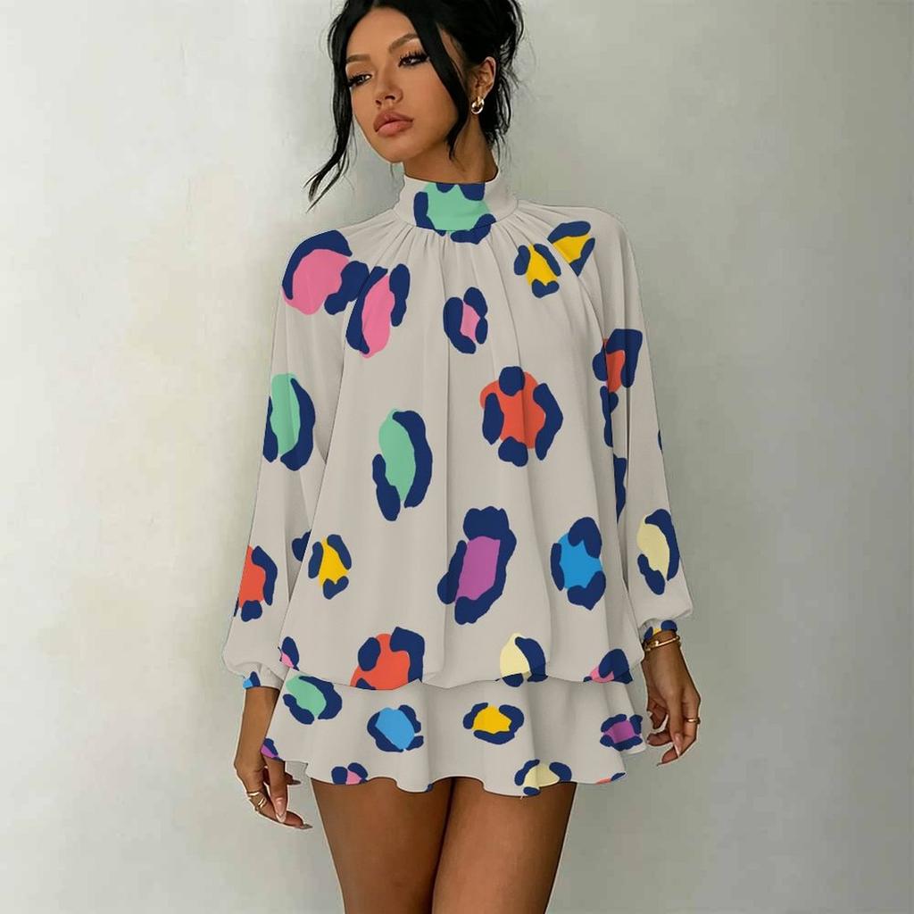 Women's 3D Neon Swirl Marbling Print Mock Neck Long Sleeve Dress, Raglan Sleeve Fake Two Piece Mini Dress