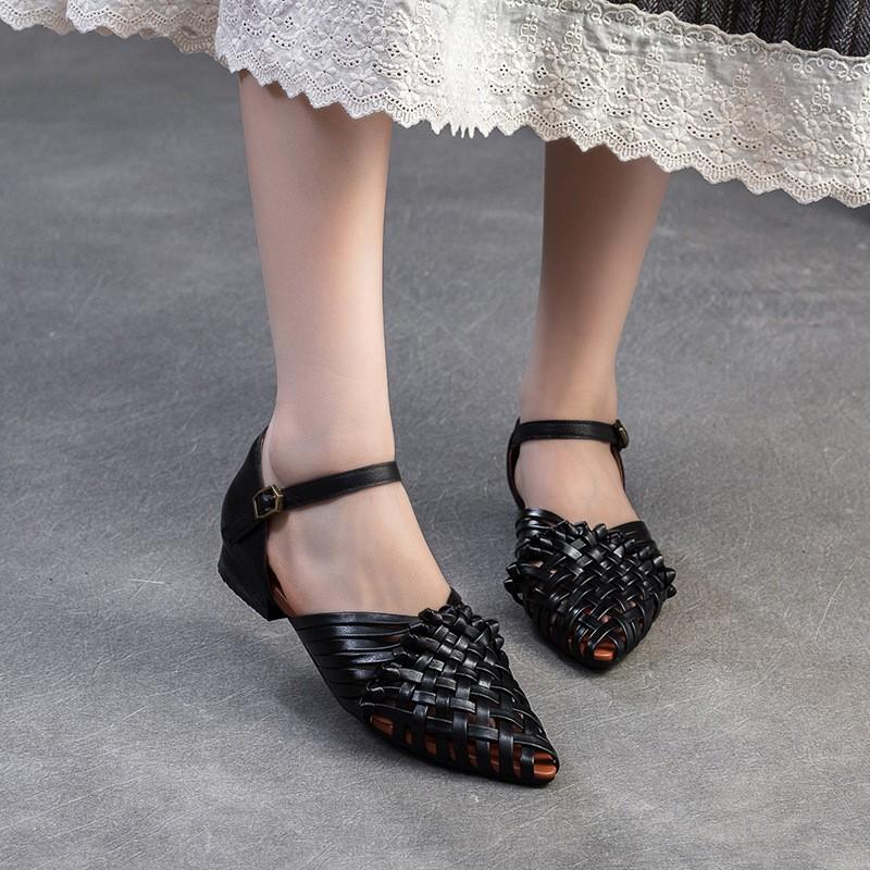 Fashion GKTINOO 2025 Summer New Retro Hand Woven Genuine Leather Flat Sandals Breathable Buckle Commuting Women's Shoes