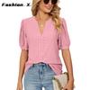 Europe and The United States 2024 Summer Casual V-neck Solid Color Hollow Bubble Sleeve Loose T-shirt Blouse Female