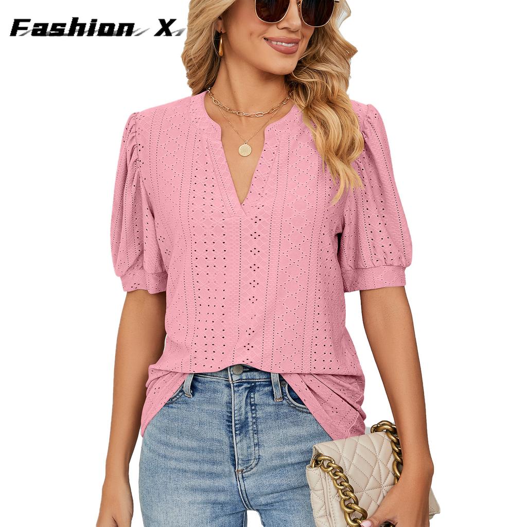 Europe and The United States 2024 Summer Casual V-neck Solid Color Hollow Bubble Sleeve Loose T-shirt Blouse Female