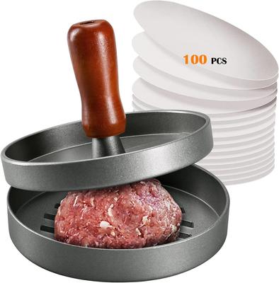 Stainless Steel Burger Press with Wood Handle – Non-Stick Patty Maker + 100 Patty Papers
