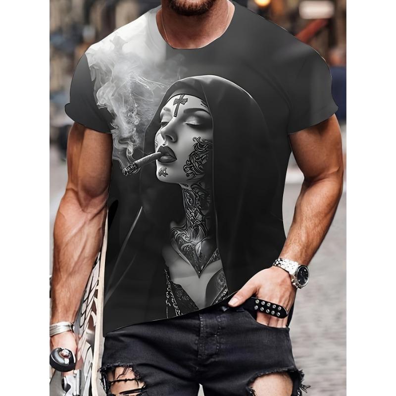 Pánské tričko s 3D grafikou Smoking Nun Černé Ležérní Letní Tričko Krátký Rukáv Polyester Streetwear Trička Vintage Oblečení