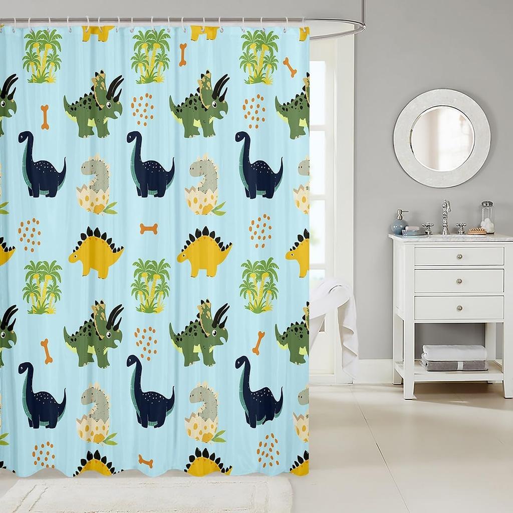 Cartoon Dinosaur Shower Curtain Coconut Tree Hawaii Tropical Bathroom Shower Curtain Sets | Ancient Wild Animals Waterproof