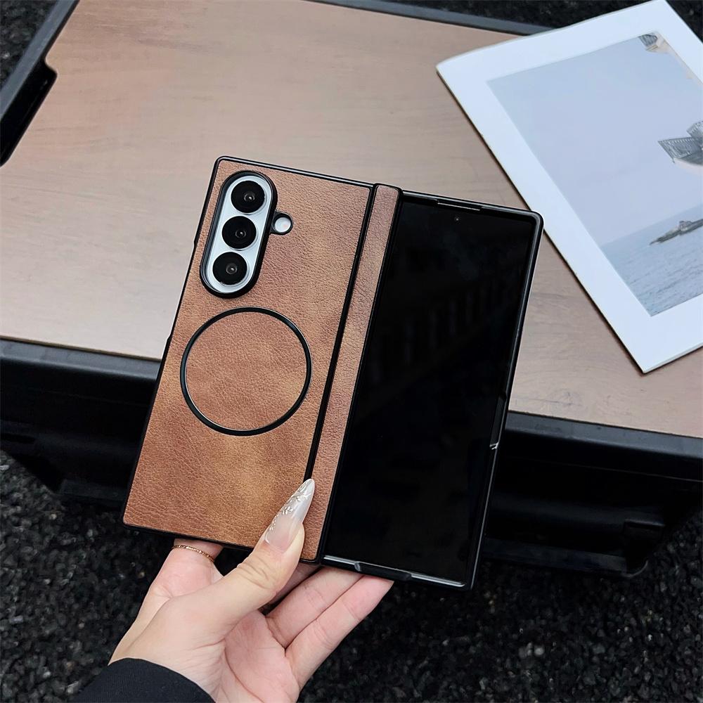 Leather Magnetic Phone Case for Samsung Galaxy Fold 7 6 5 4 3 ZFold7 ZFold6 Wireless Charge Hinge Protective Hard Cover