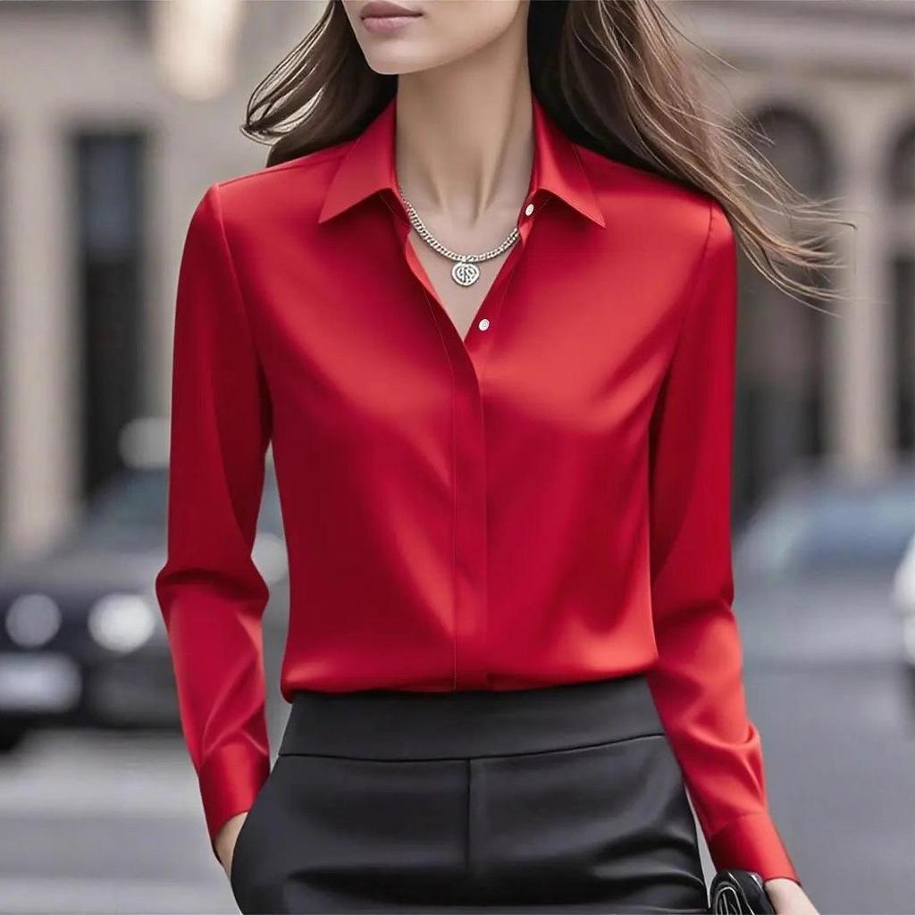 Women's 2026 Autumn Satin Lapel Shirt - Long Sleeve Solid Color Top
