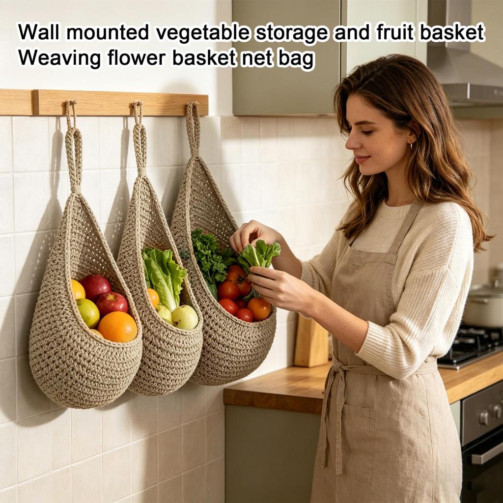 Hanging Vegetable Storage Basket Set 3 Pieces Woven Cotton Rope Wall Mounted Fruit Basket Organizer Net Pouch for Kitchen and Home