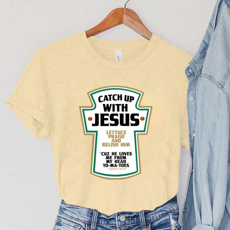 Catch Up with Jesus Dámská trička Vintage biblické verše Dámské topy Harajuku Křesťanská parodie Dámské oblečení s krátkým rukávem