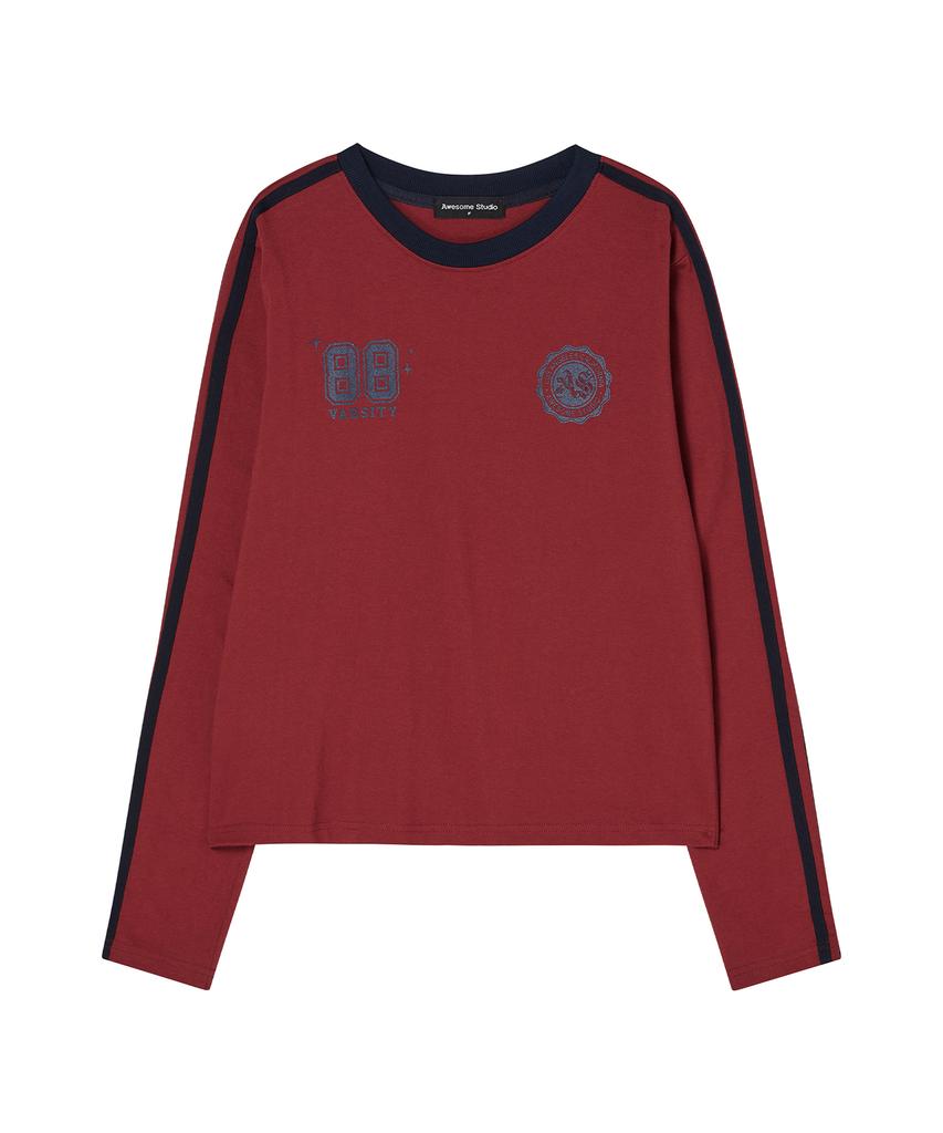 AWESOME STUDIO Football Line Color Block Long Sleeve Tee Wine