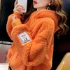 Autumn and Winter Plus Velvet Thickened Loose Hooded Pullover Letter Lamb Wool Sweater Ladies's Mid-length Top