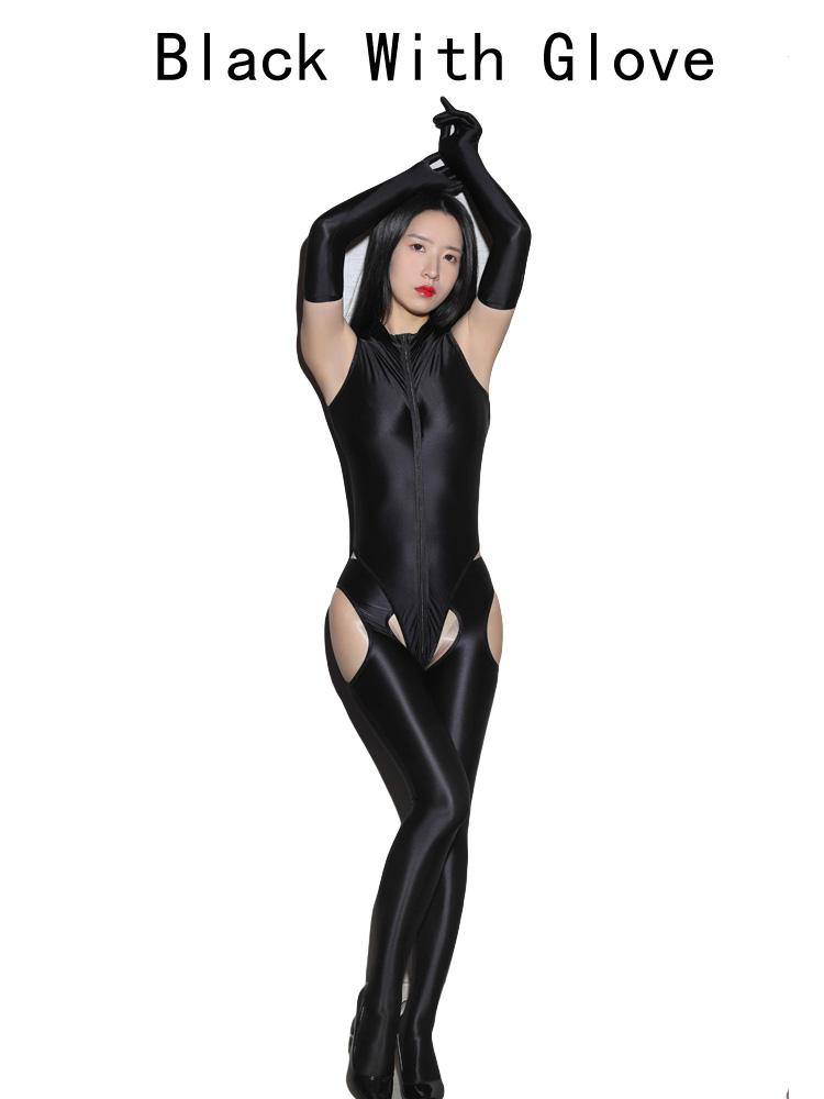 Sexy Women Oil Glossy Shiny Elastic Bodysuit Bodycon Rompers Dance Tights Satin Jumpsuits Shaping Leotard With Glove Pants