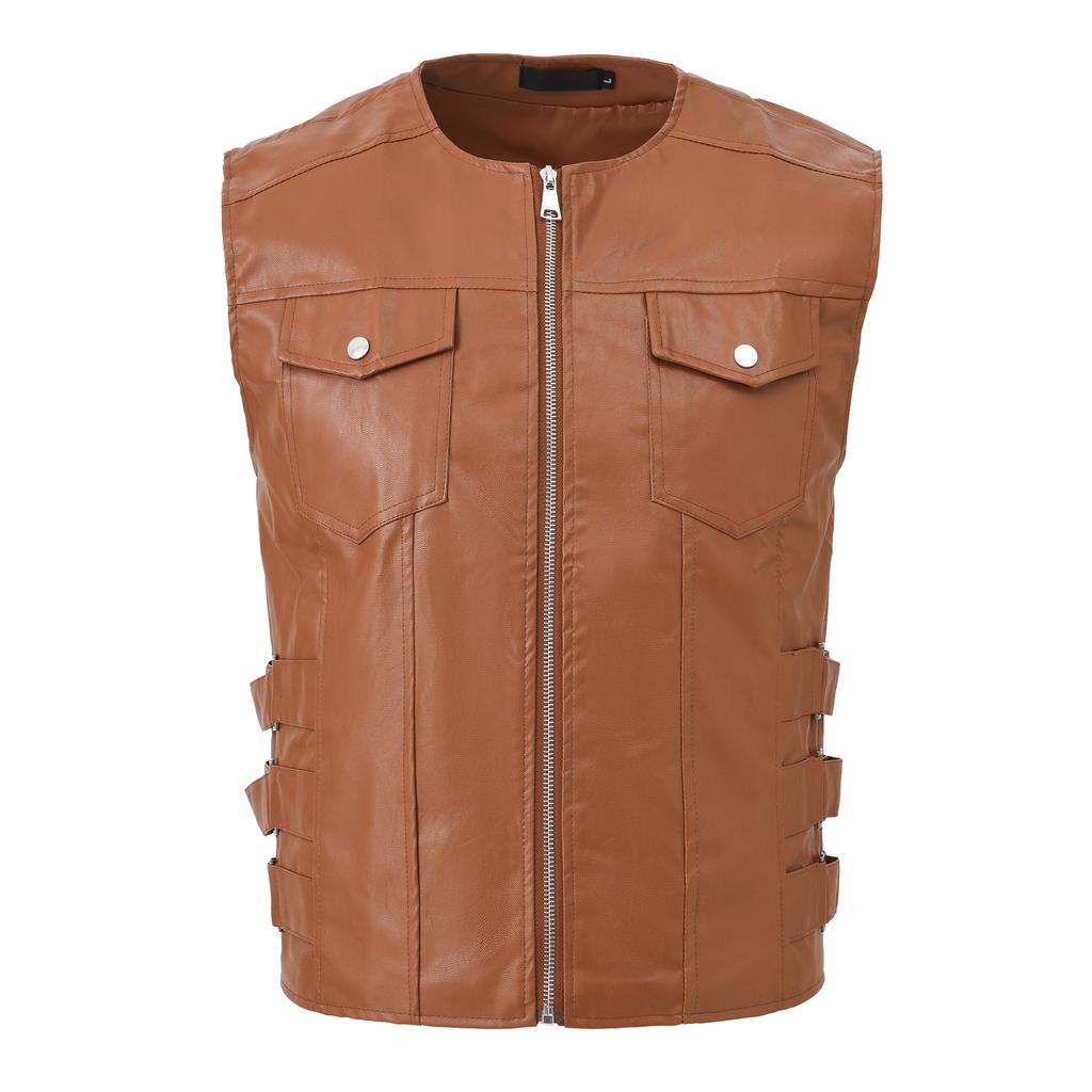 Men's Casual Imitation Leather Vest Spring and Autumn Cross-border Korean Version of Fashion Trend Single-breasted Jacket Vest Men's