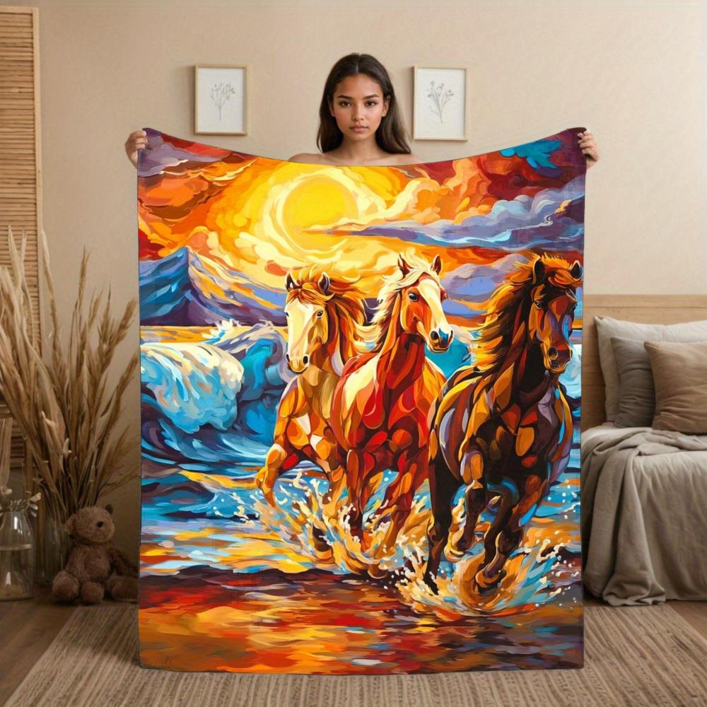 Pattern of horses and beach sunset Flannel printed blanket suitable for all seasons suitable for living room office sofa travel 75x100cm