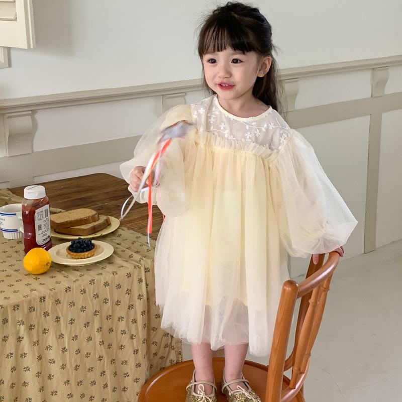 Kinder Kleidung Frühling Sommer Langarm Dünne Spitze Tüll Kleid Koreanischen Stil Mädchen Prinzessin Mode Süße Fee Mesh Kleider