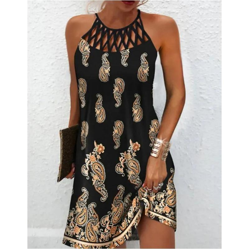 Kadın Moda Yaz İlkbahar Çiçek Desenli Baskılı Kolsuz Askılı Boyun Orta Bel Casual Elbiseler
