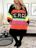 2025 Spring/Autumn Women's Rainbow Stripe V-neck Loose Knit Sweater - 3 Colors Available