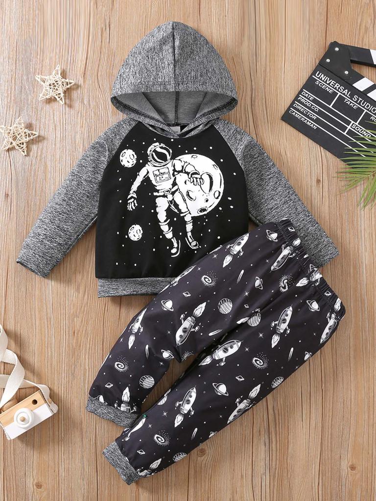 Kids Boys 2 Piece Outfit Spring Fall Astronaut Space Print Long Sleeve Hoodie Sweatshirt With Long Pants Fashion Children Clothing Set