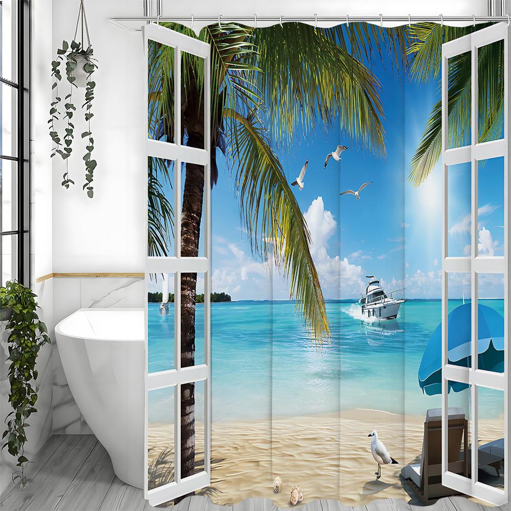 Ocean Beach Window Seagull Ship Shower Curtain, Bathroom Decorative Shower Curtain, Waterproof Shower Curtain with Hooks