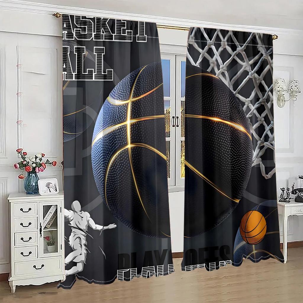 2 Stück Basketball moderne Kunst bedruckte Vorhänge, Stangentasche Raumdekoration, Heimdekoration
