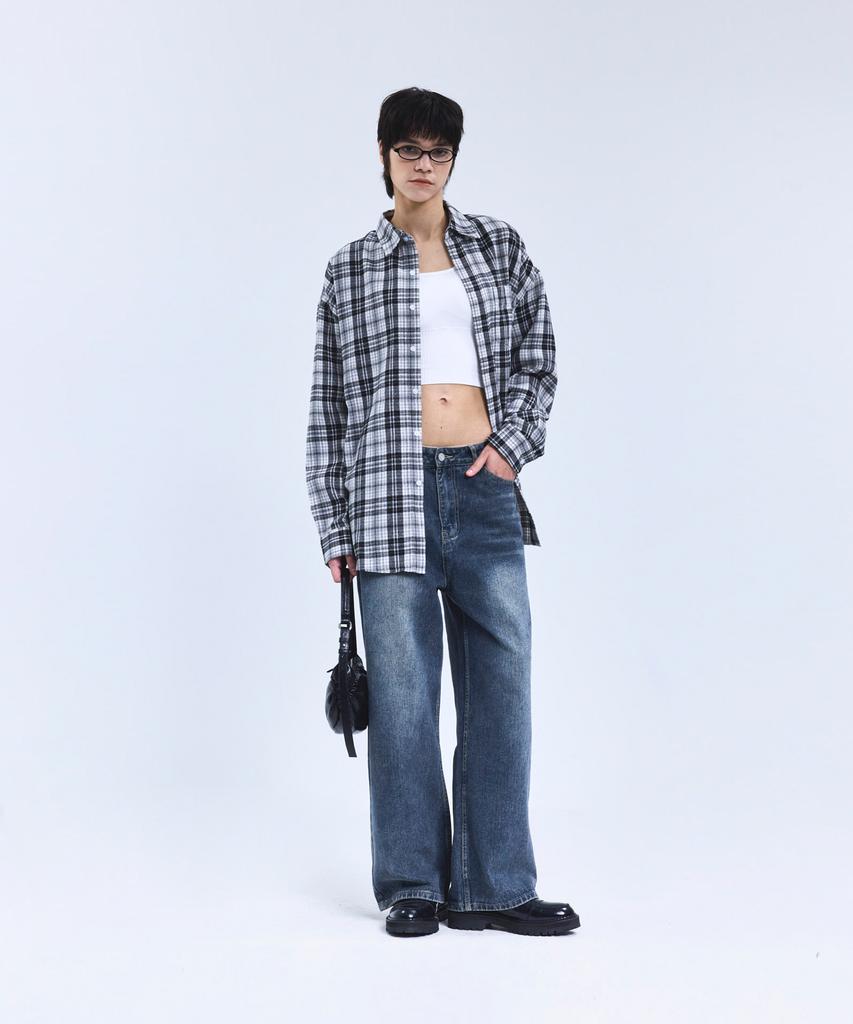 STANDARDERROR 87-Stan134 Soft Misty Oversized Pocket Long Sleeve Check Shirt Black