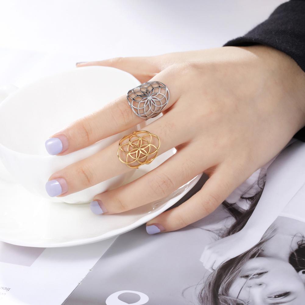 Teamer Hollow Flower of Life Women's Rings Adjustable Stainless Steel Open Rings Wedding Anniversary Jewelry Mother Day Gift