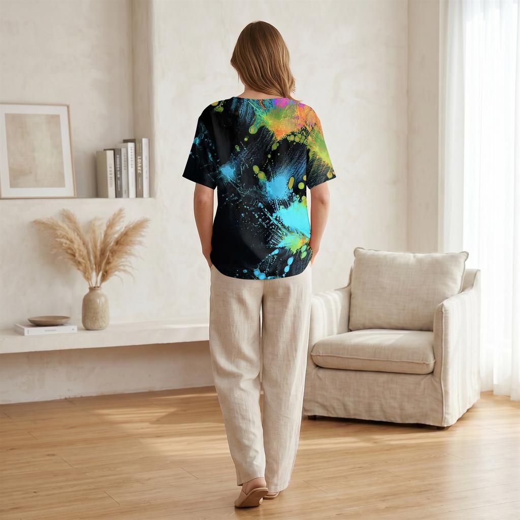 Women Casual Printed Henley Neck Button Front Pocket Short Sleeve Linen Cotton Shirt Blouse Top for Summer