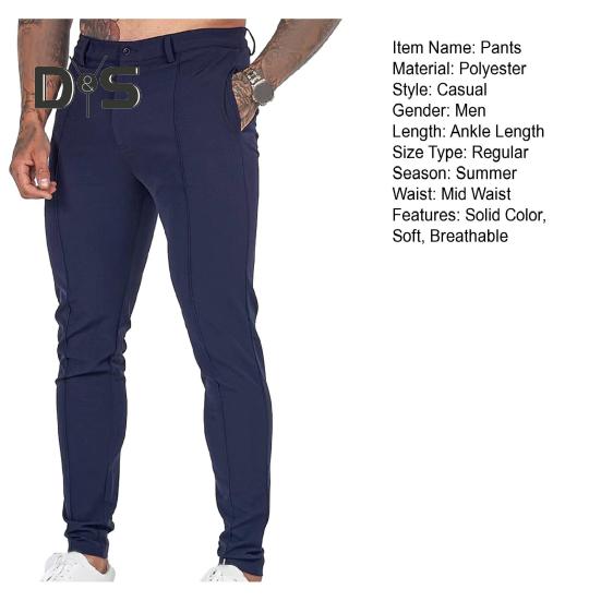 Herren-Hosen, schmale Passform, einfarbig, mittlere Taille, weich, dünn, atmungsaktiv, Schrägtaschen, knöchellang, Knopf, Reißverschluss, lange Herren-Business-Hose