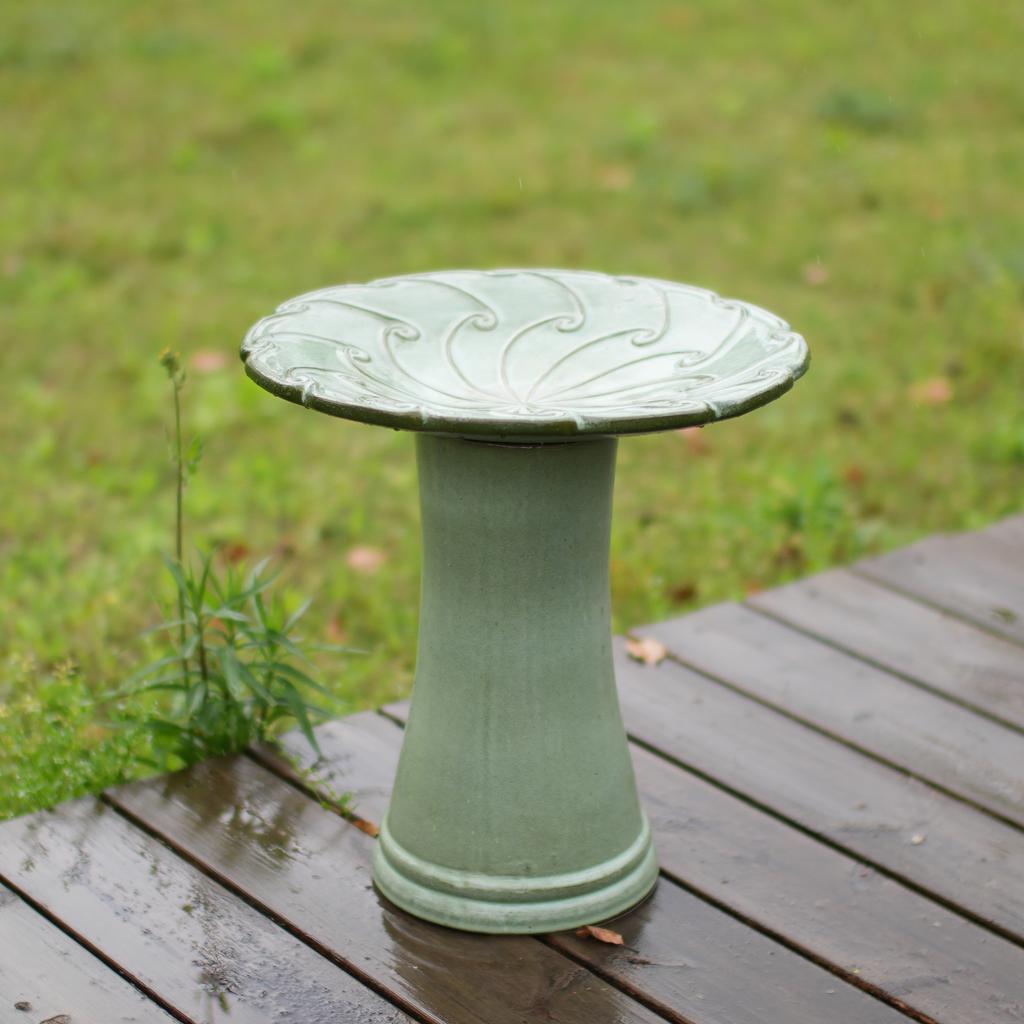 Handmade Ceramic Bird Bath (diameter 43 cm, Height 45 cm), Light Green, Radial Swirl Relief, Weatherproof & Frost-Resistant, for Garden, Terrace