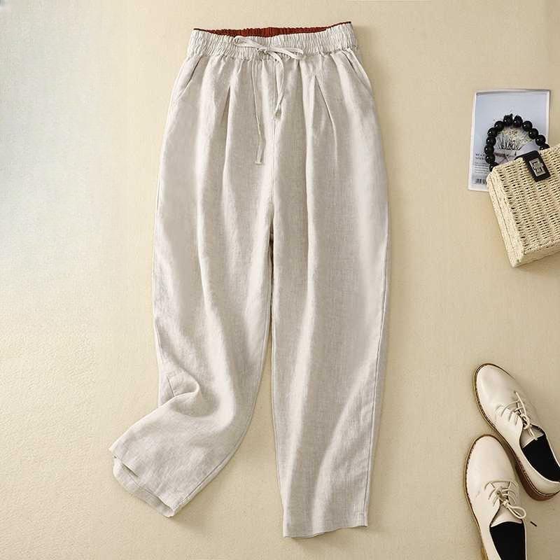 

Повседневные женские хлопково-льняные брюки-шаровары на шнуровке XL льняной