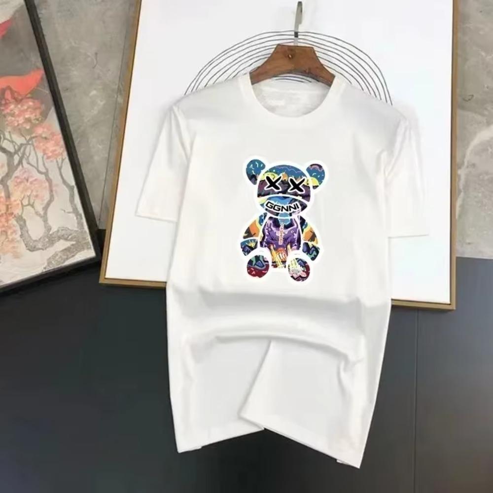 2024 Summer New Men's 100% Cotton Little Bear Print High Quality Casual Retro Homestay Gym Fashion Round Neck Top S-4XL