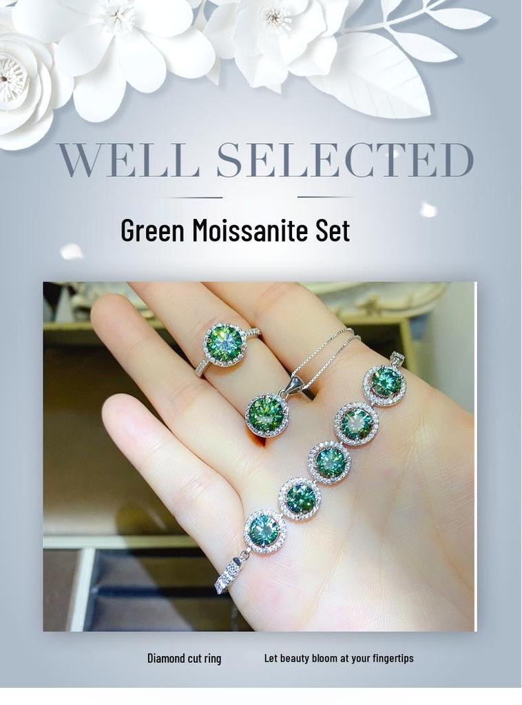 Luxury Green Moissanite Four-Piece Set: Ring, Pendant, Earrings, Bracelet in Classic Fashion